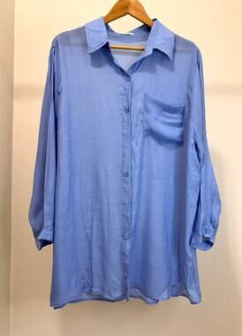 Breezy Lane Oversized Button Front Blouse Light Blue SzXL